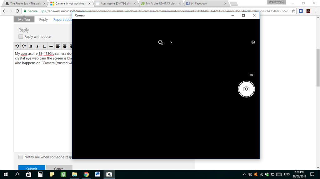 Camera problem: web cam lights up but doesn't work. - Microsoft Community