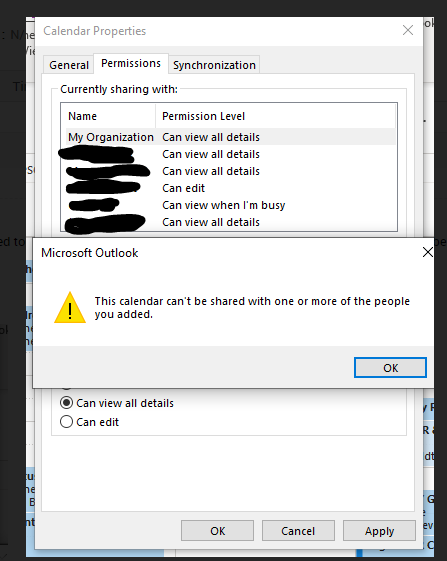 Unable To Share The Calendar With One Or More People - Microsoft Community