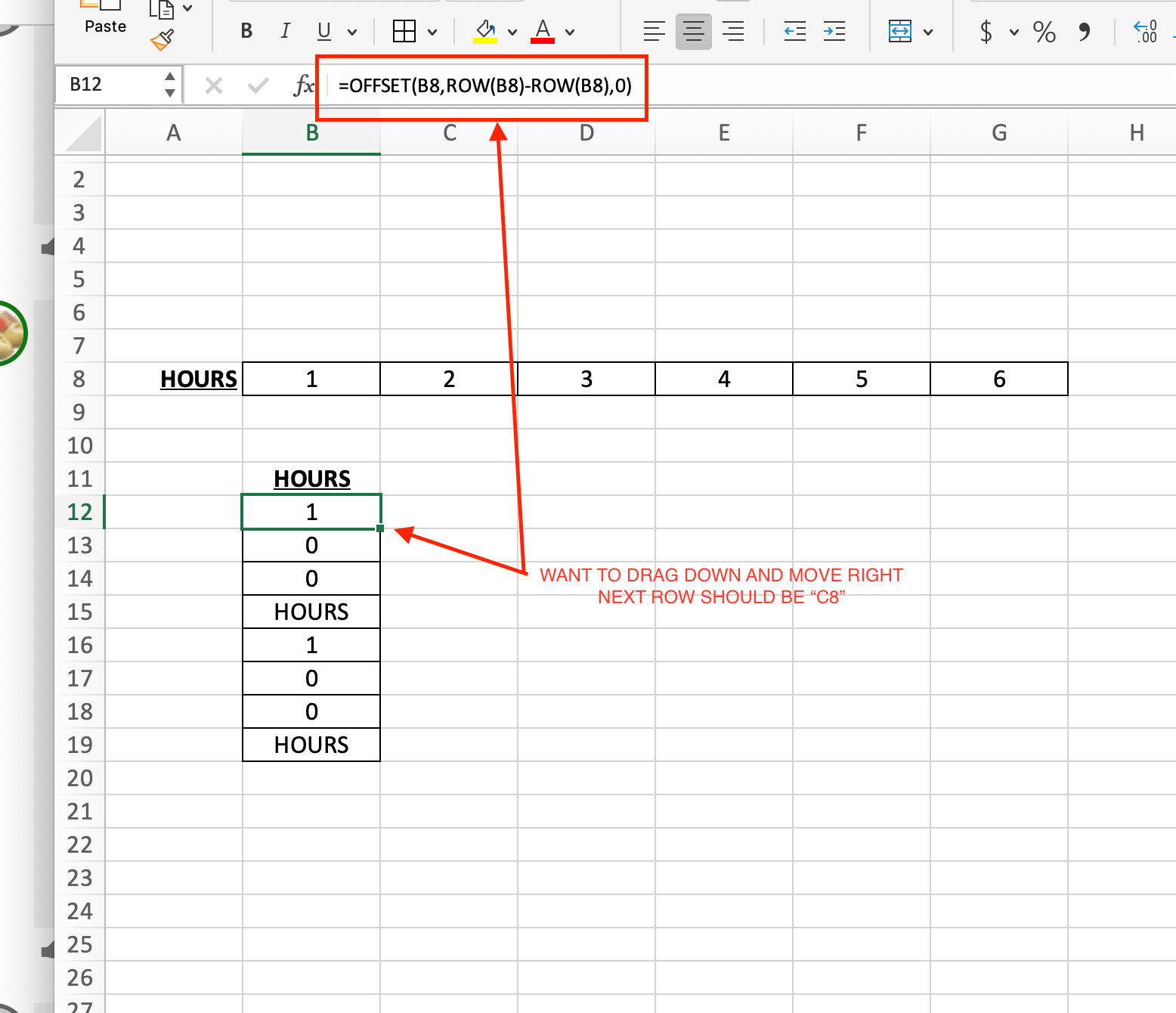 OFFSET forumla drag down to change column but not row