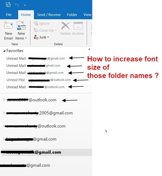 How can I increase the font size of the folder names under 