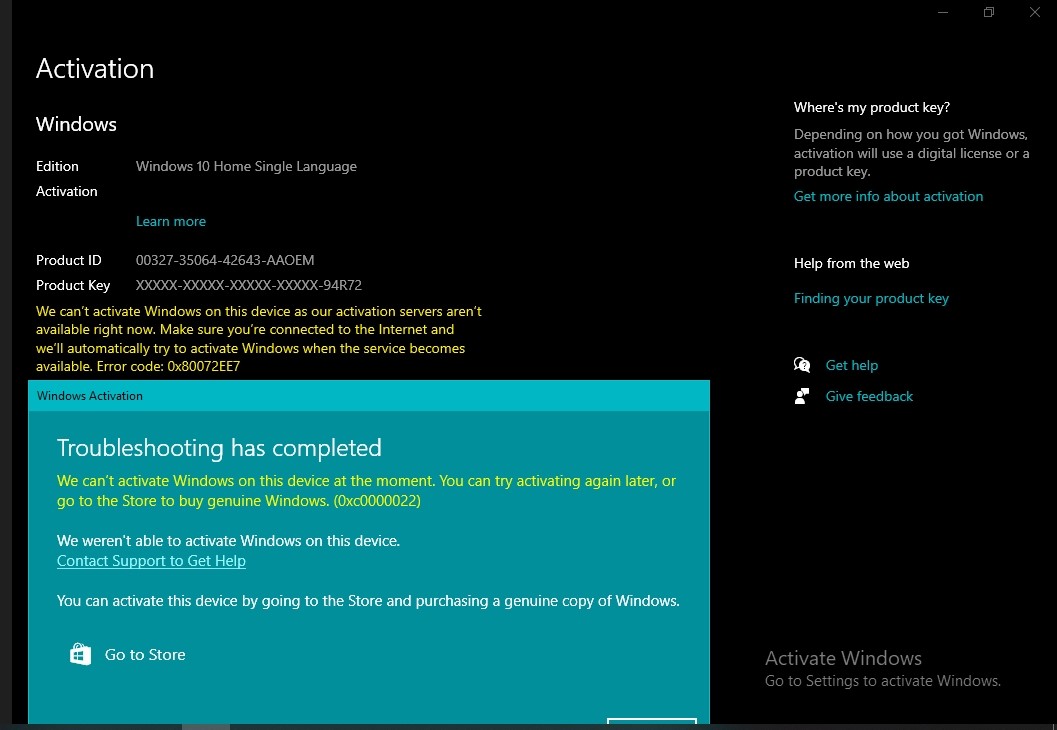 Window 10 activation error code 0x80072EE7 - Microsoft Community