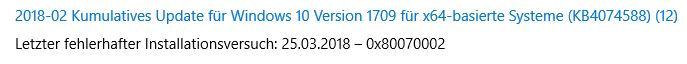 Update KB4074588 installiert sich nicht und ruft ständig zu Neustart auf