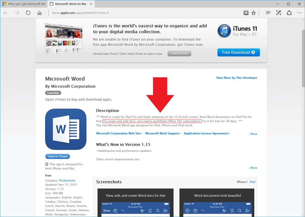 Why can i get microsoft word for free on my apple ipad but not on my