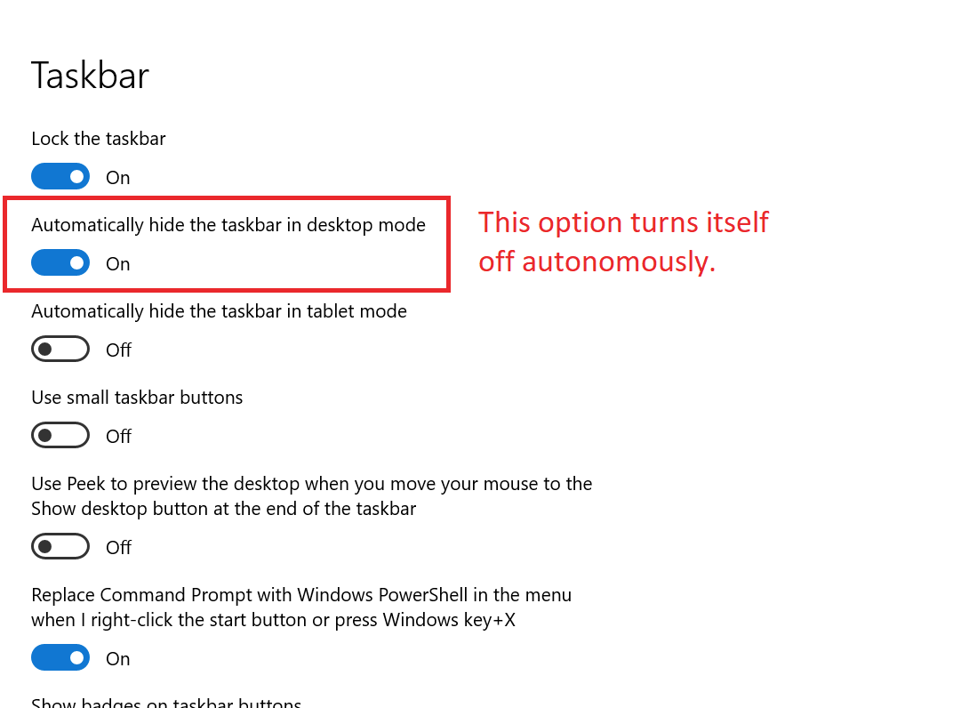 Automatically hide the taskbar in desktop mode&quot; option in the 