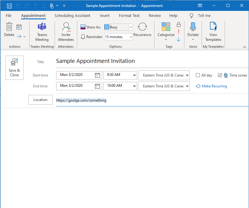 OUTLOOK CALENDAR QUESTION When creating a URL as a location in an