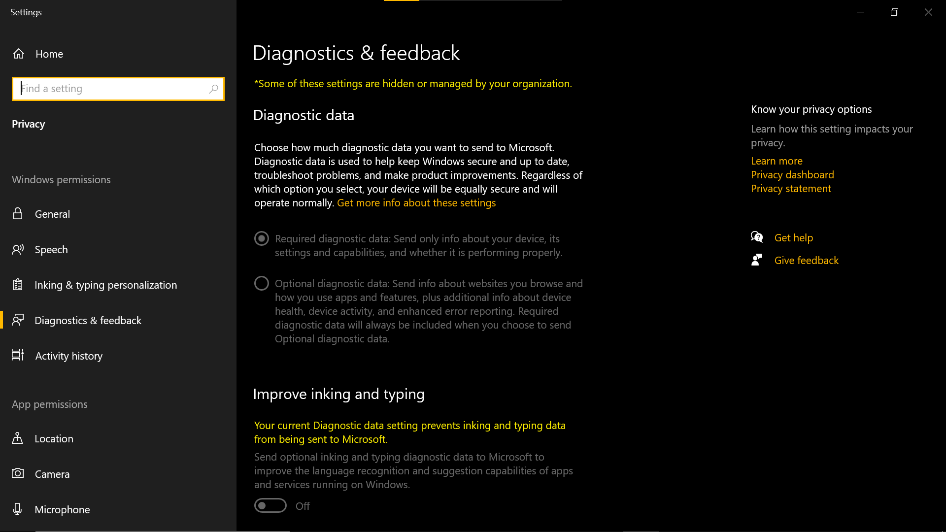 Some of these settings are hidden or managed by your organization