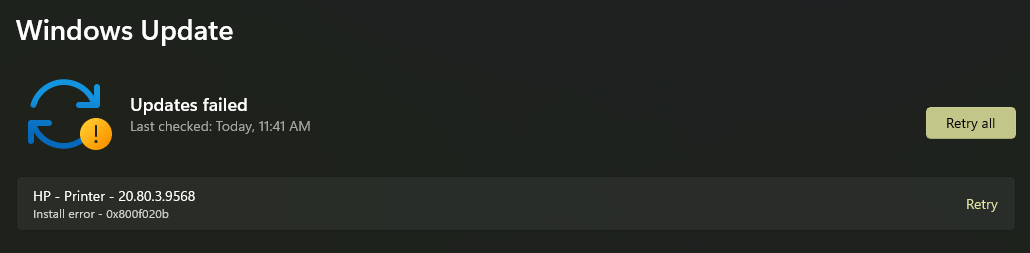 Windows update Install error - 0x800f020b for uninstalled printer 
