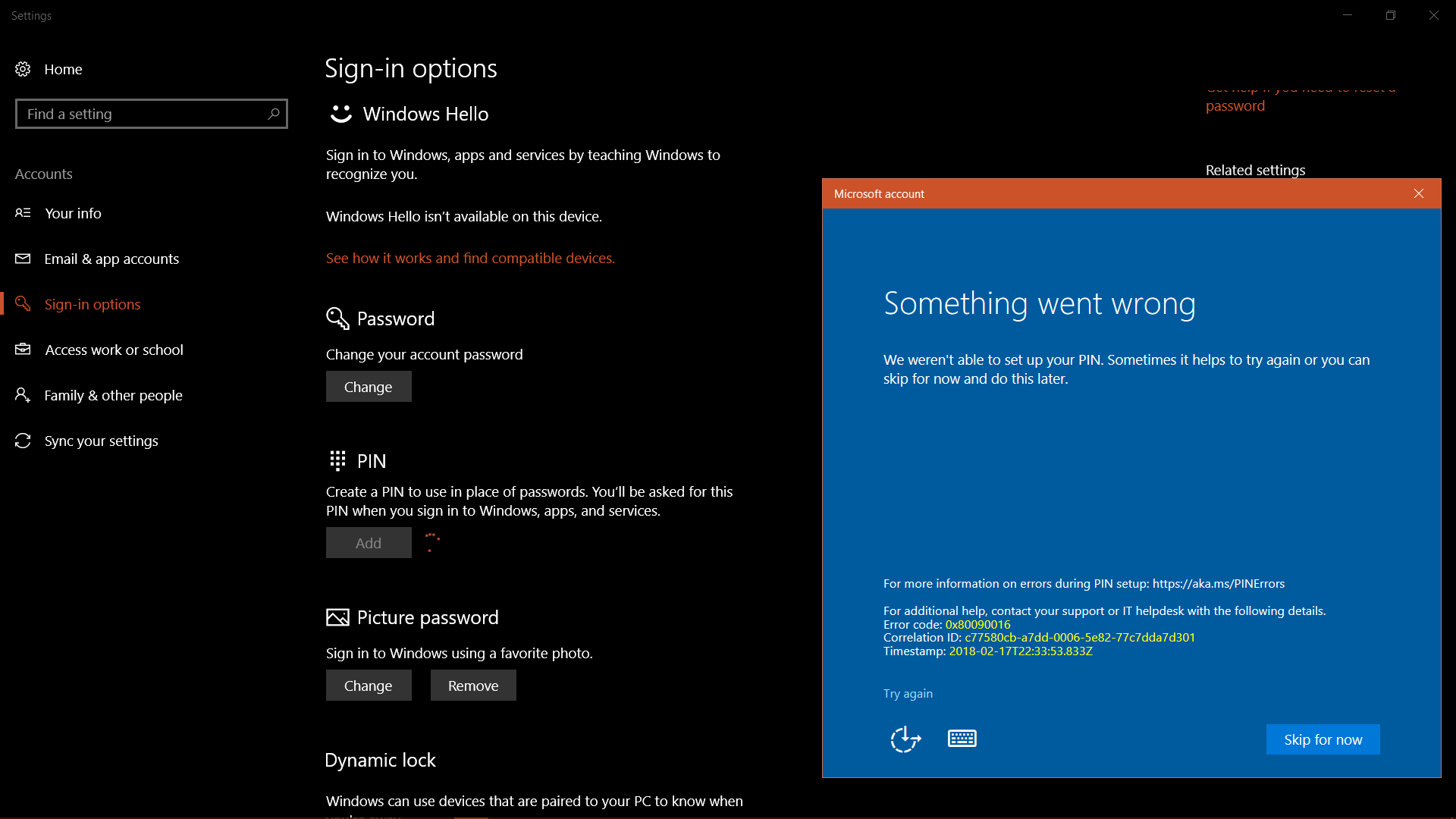 error code: 30x830309303016 during setting the pin. - Microsoft Community