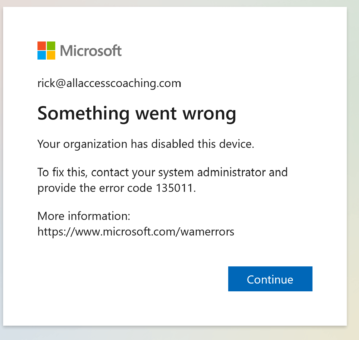 Cannot connect to outlook error code 135011 microsoft community