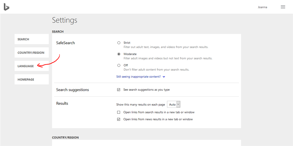 changing default language to English in bing Microsoft Community