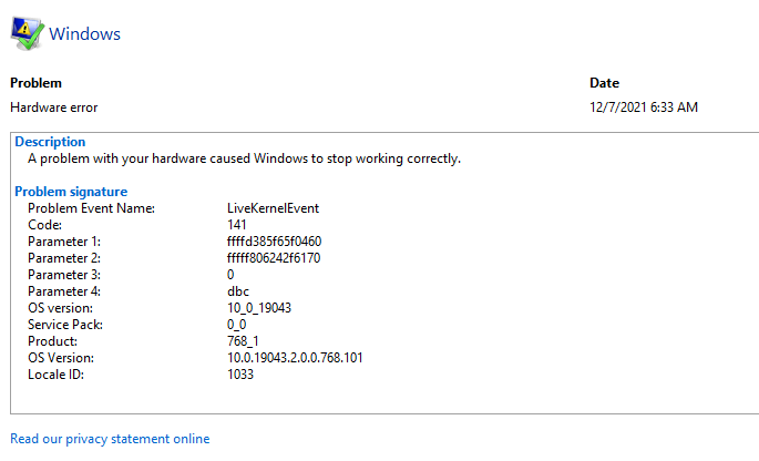 hardware error 141 Help - Microsoft Community