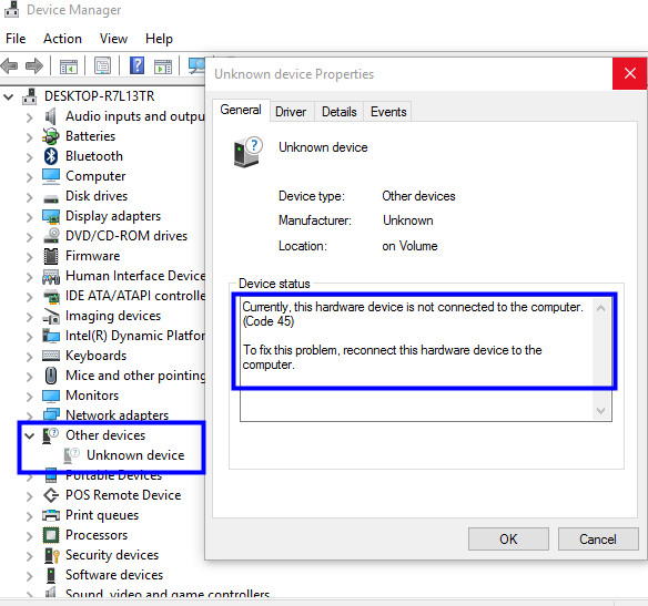 Code 45. Device Manager. (Код 45) принтер. Unknown device.