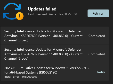 Install Error On Update KB5032190 (2023-11 Cumulative Update Win 11 ...