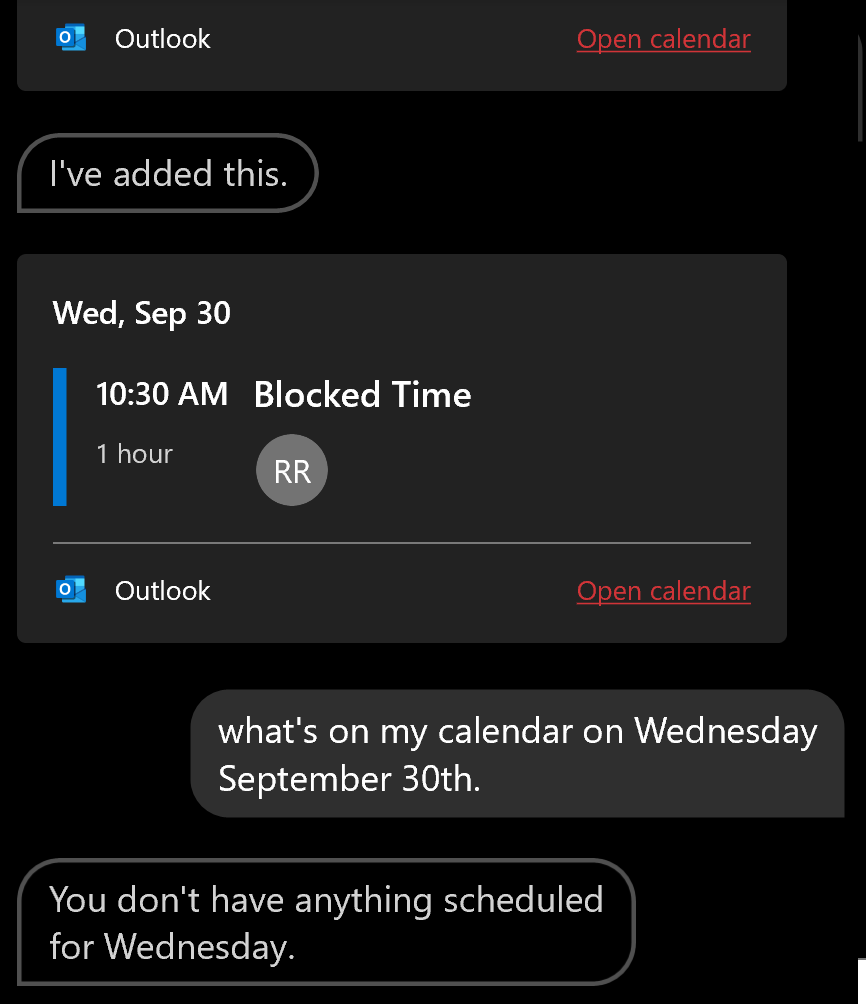 Cortana Calendar Bug Ask the system questions