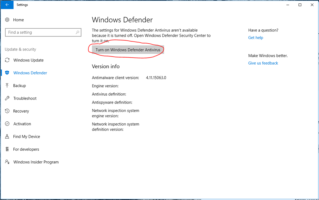 cannot activate windows defender 10