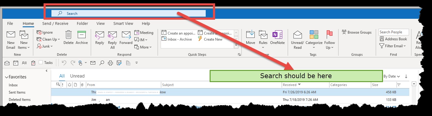 Outlook - move search box out of the window tile to and back inside