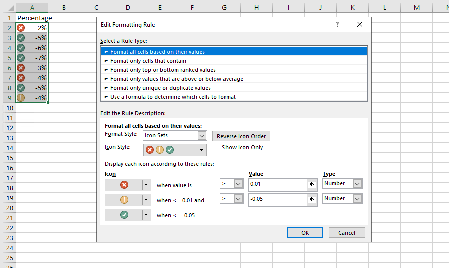 Conditional Formatting Icons Negative Percentages Not Allowed Microsoft Community