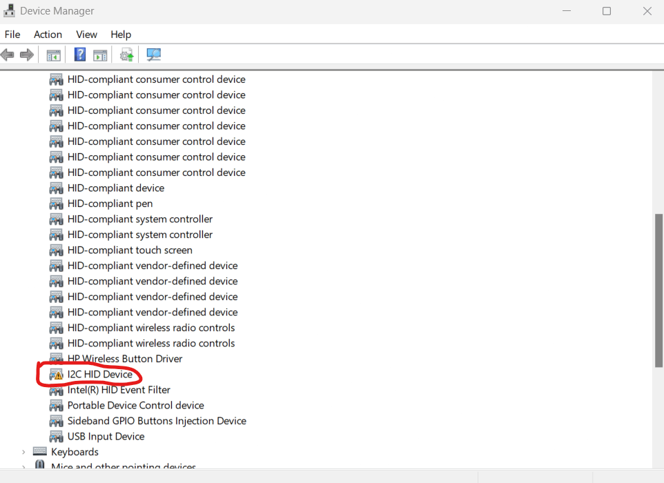 I2C HID Device This device cannot start. code 10 Microsoft