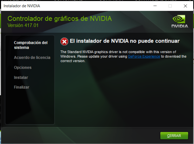 Nvidia 1050 GTX no me permite instalar el controlador de gr ficos