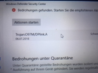 Trojan: 097M/DPlink.A bei einem Windows Defender Scan (Windows10) erschienen