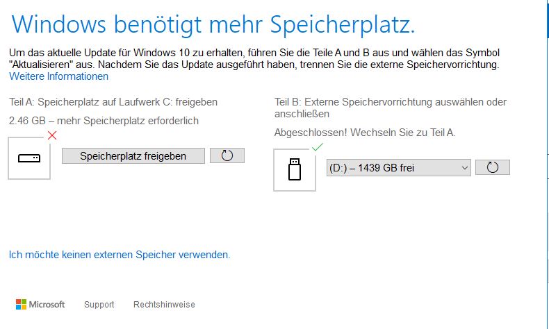 Windows Update externen Speicher verwenden -> Fehler