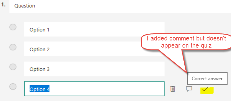 Quiz Comment Is Not Showing Up When An Answer Is Selected Microsoft Community