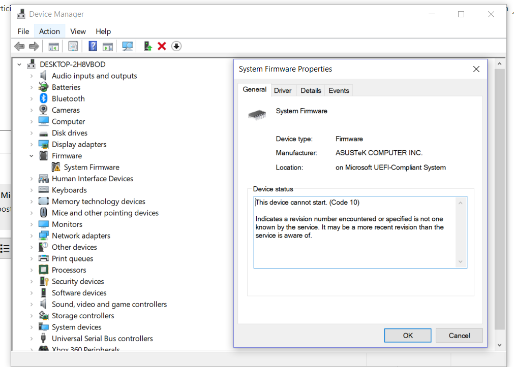 Firmware windows 10. System Firmware. ASUSTEK Computer Inc. - Firmware. System Firmware код 10 ошибки. Встроенное по System Firmware.