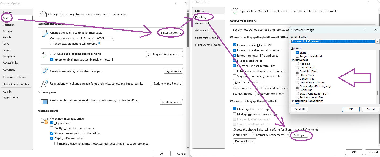 How do I enable or disable the inclusiveness underlining in outlook ...