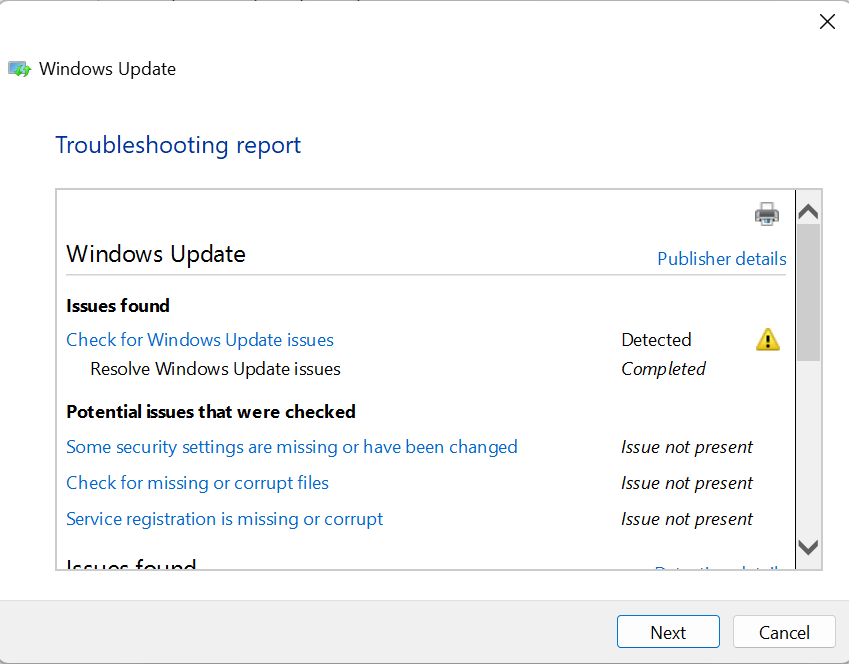 Windows trouble shoot update, detects a problem but it says the same ...