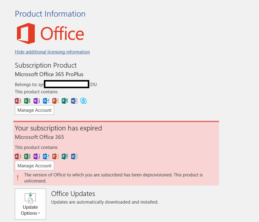 Office subscription says it expired. microsoft account says it is ...