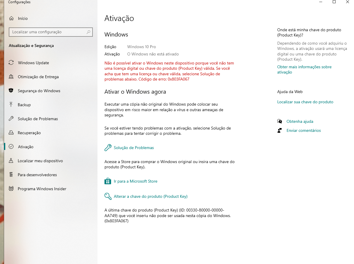 Erro 0x803FA067 ao tentar ativar o Windows 10 com a chave do