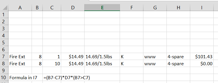 IF(B7>C7,(B7-C7)*D7,0) Not quite working. - Microsoft Community