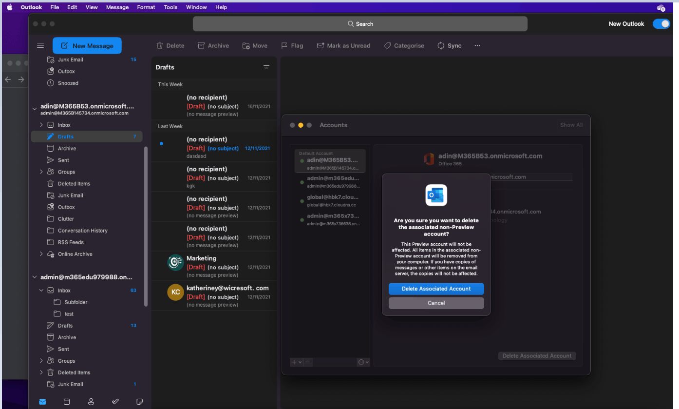 what does Delete Associated account on outlook on MAC do? - Microsoft ...