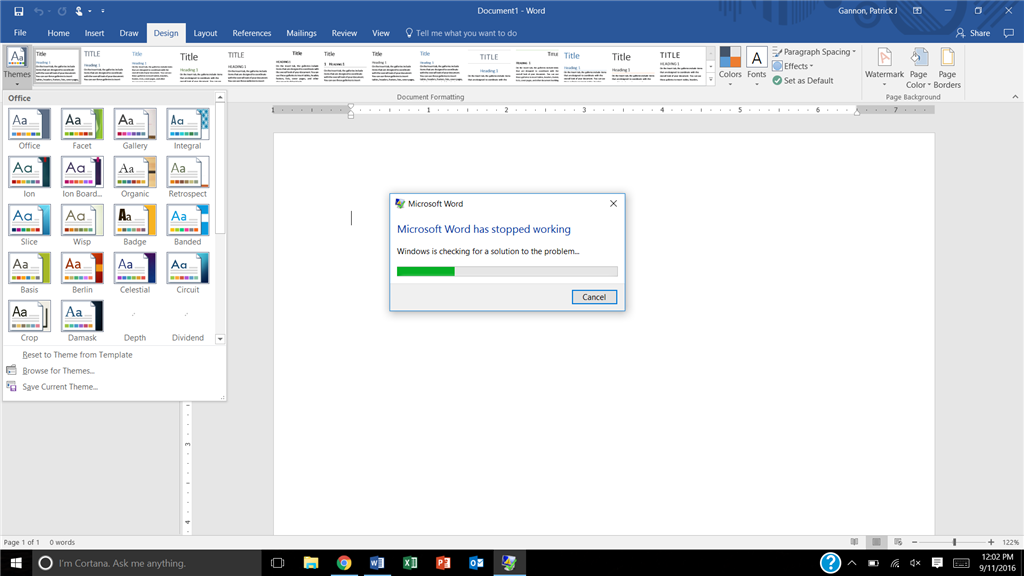 Microsoft Office 265 Word, Theme Button Crash issue in Design Tab -  Microsoft Community