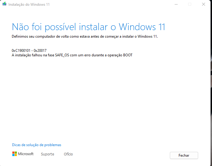 Não foi possível instalar o Windows 10: Erro 0xC1900101 - 0x20017 -  Microsoft Community