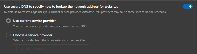 I cannot choose a DNS service provider for microsoft edge, it 