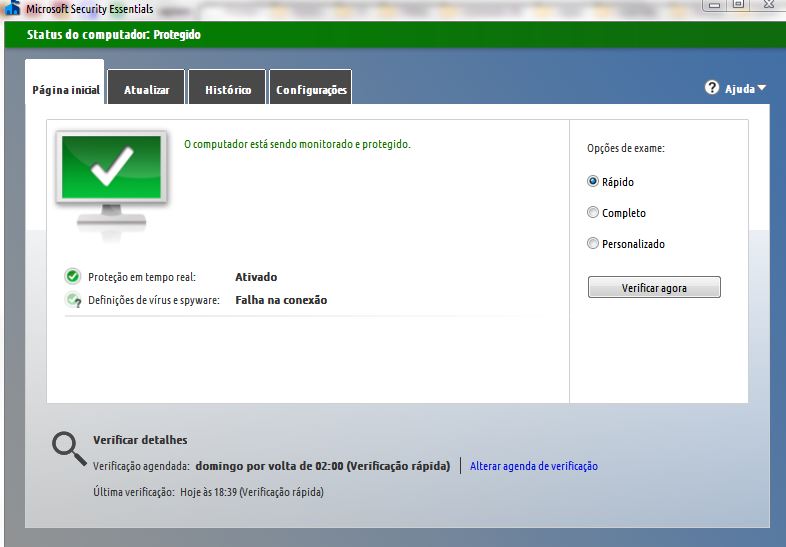 Microsoft security essentials não atualiza