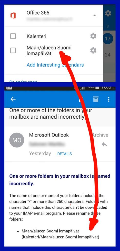 Outlook (Android versio) Kalenteri asetuksen synnyttämä virheilmoitus -  Microsoft Community