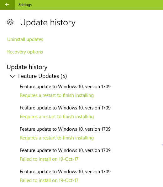 Can T Update To Version 1709 Requires A Restart To Finish Microsoft Community