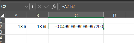 Excel使用公式计算18.6减去18.65，保留一位小数结果是0.0，理论结果 