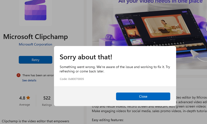 Error Code : 0x80070005 when install Clipchamp app from Microsoft 