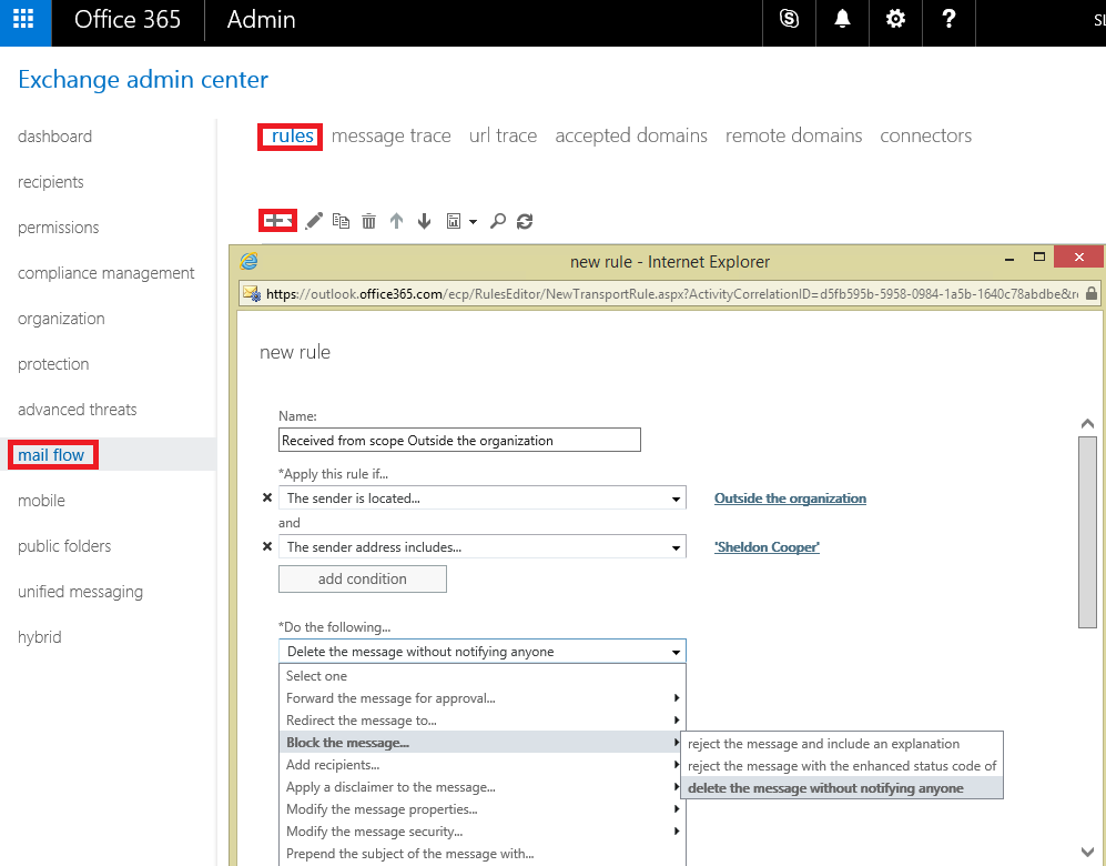 How to block emails in office 365 admin portal