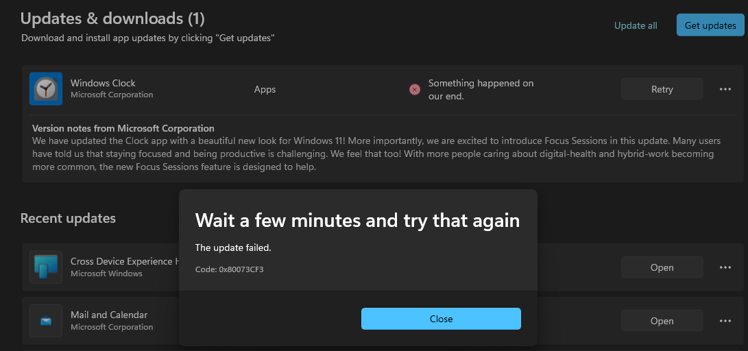 Windows Clock update error 0x80073cf3 in Microsoft store 