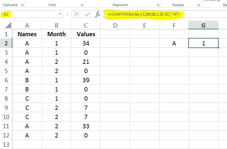 Counting the non zero values in a coloumn by looking up another value ...