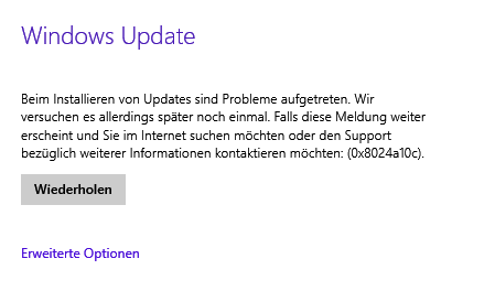 Windows Update Error (0x8024a10c) Meldung in windows 10 Build 9926