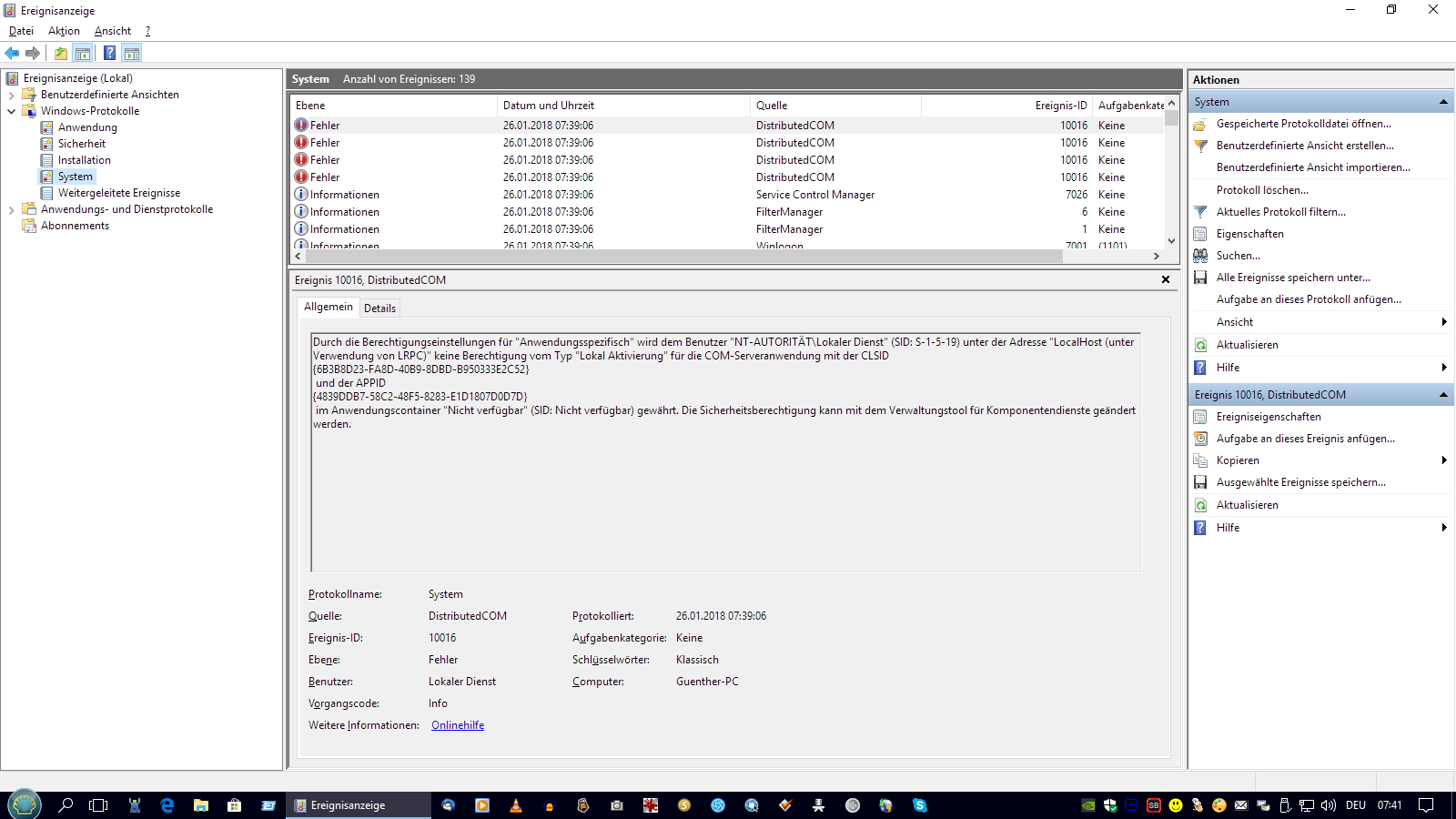 Fehlermeldungen in der Ereignisanzeige v. Windows 10   ID 10016   betreffend DCOM