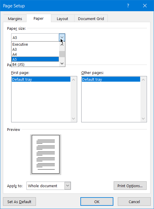 I am unable to find A5 option. I don't have a printer connected to the ...