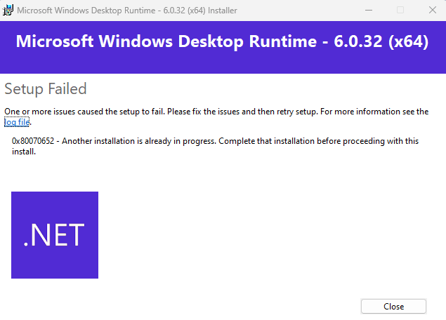 Error attempting to install .NET Desktop Runtime - v6.0.32 (x64 