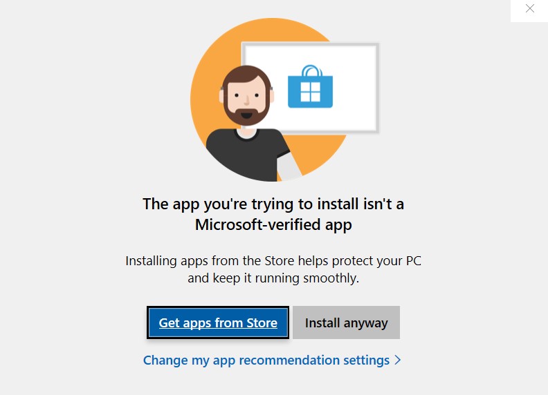 Verifying application. Change my software. Store install. Install anyway.