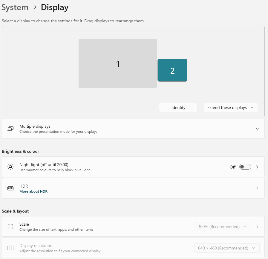 2nd Display (Resolution) setting grayed out, Display fixed to 640x480